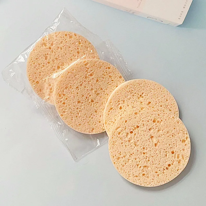 In Stock Round Wood pulp Cleansing Puff with Simple Package Face Wash Foaming Makeup Remover Puff
