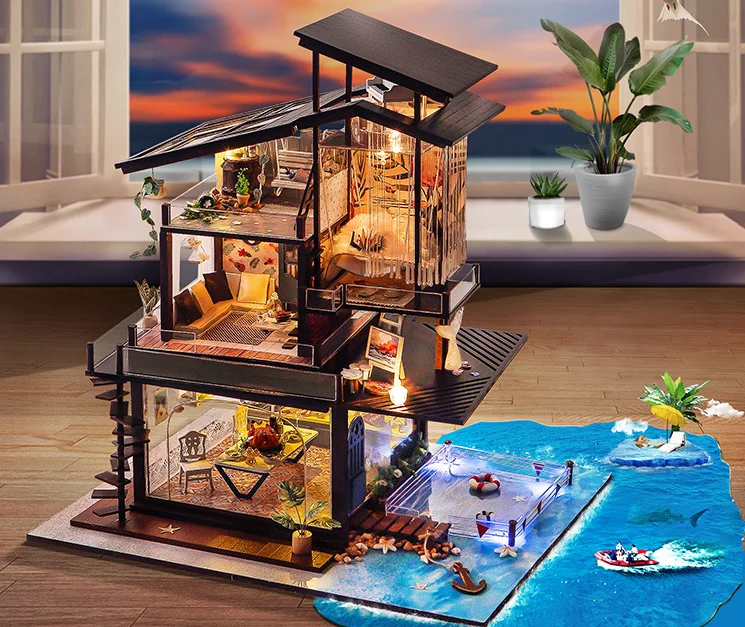 Wooden Doll House With Miniature Furniture Wooden Diy Villa Doll House For Girls Wholesale