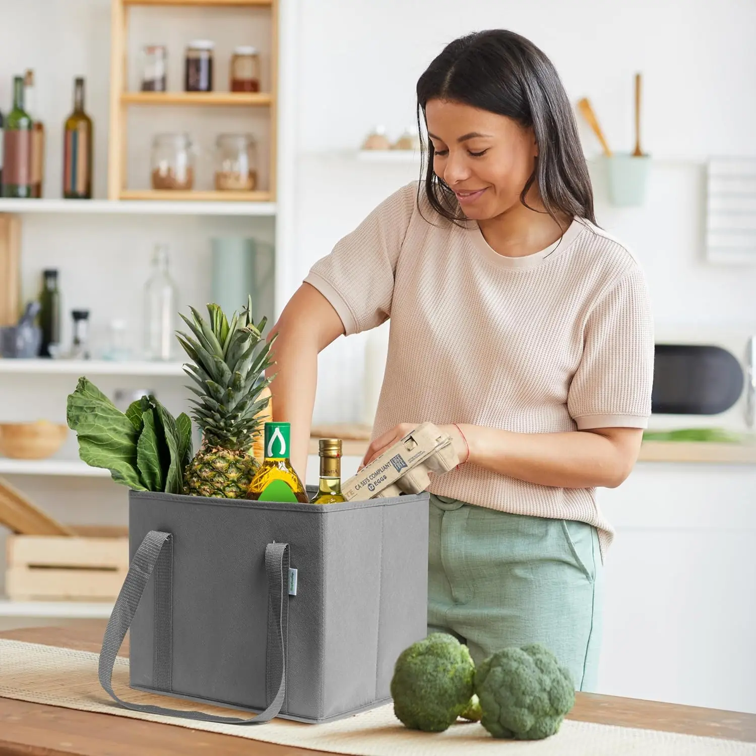 Reusable Grocery Bags Foldable Shopping Bags for Groceries with Box Shape to Stand Up and Stay Open