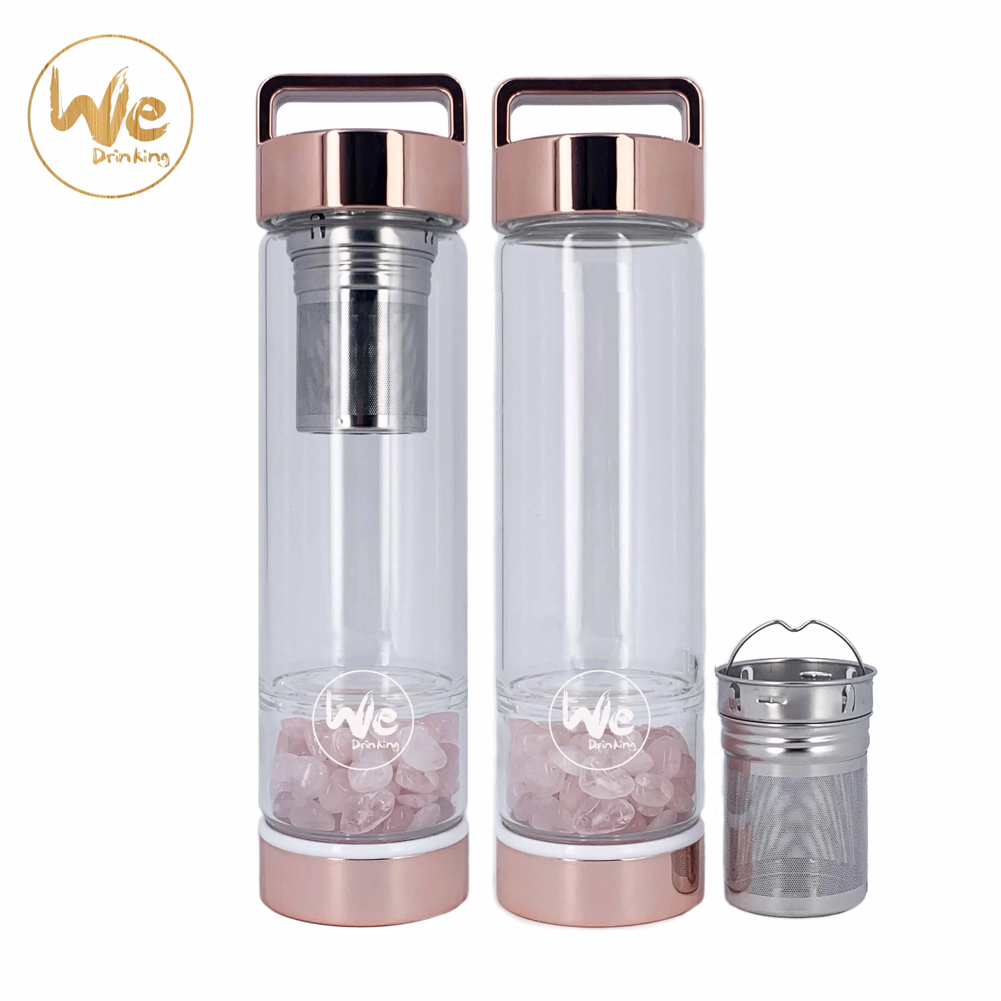 
Borosilicate Glass Gemstone Crystal Water Bottle with Rose Gold Lid 