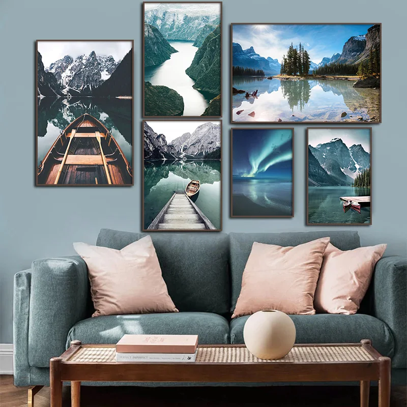 Modern Mountain Boat Canvas Paintings HD Print Wall Art Ship Posters and Prints Home Decor Landscape Pictures