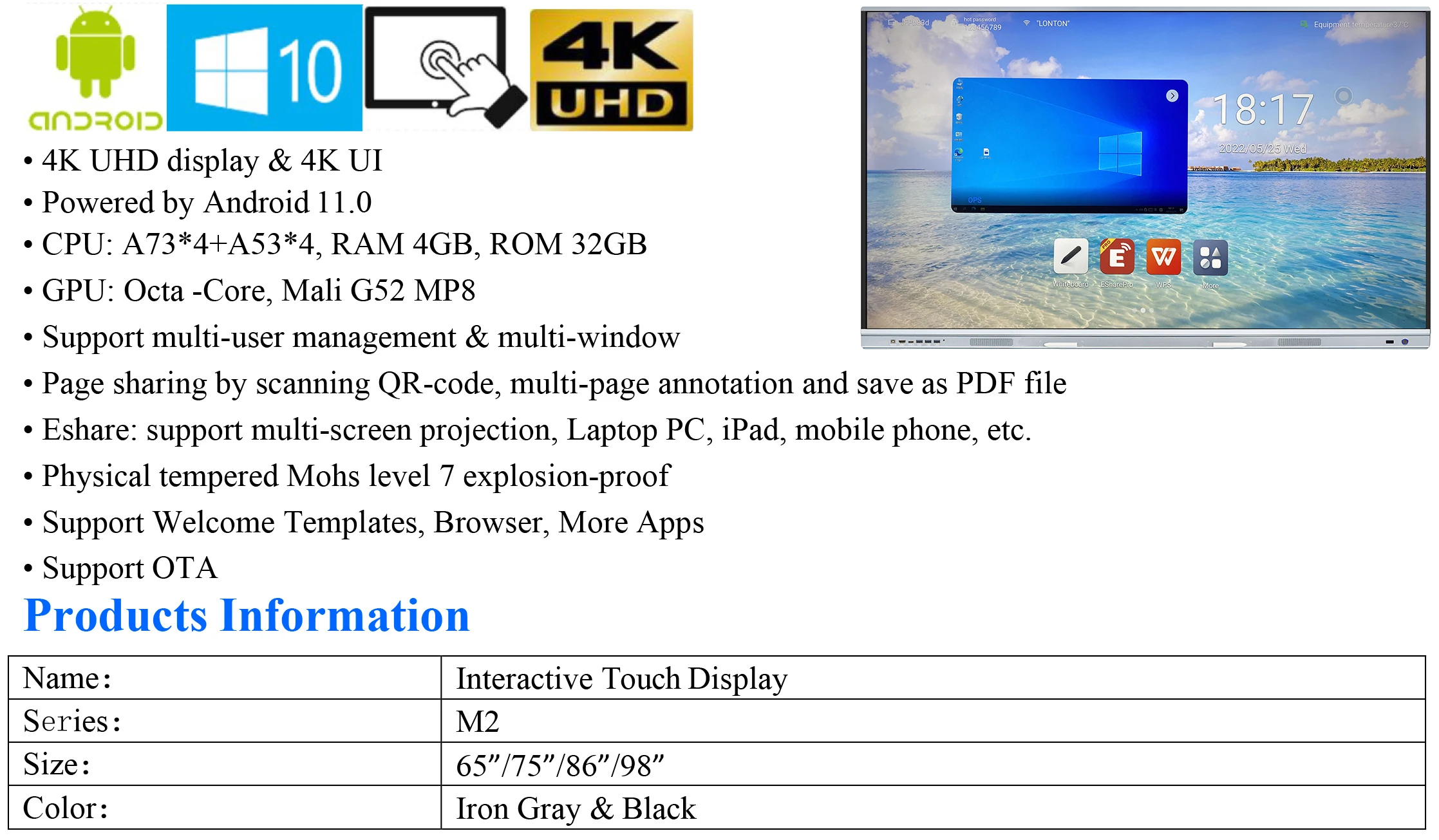 LT Factory Price Smart Board 65 75 86 98 Inch Smart Screen Board Interactive Whiteboard Lcd Display