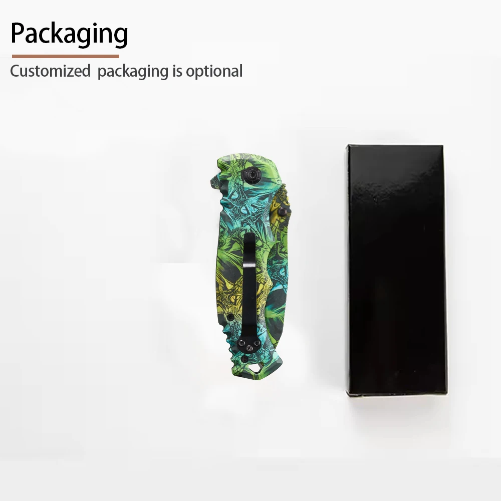 CustomOEM Wholesale  Titanium Steel Folding Knife Portable Outdoor Camping and Hunting Survival Tool with Green Yellow Handle