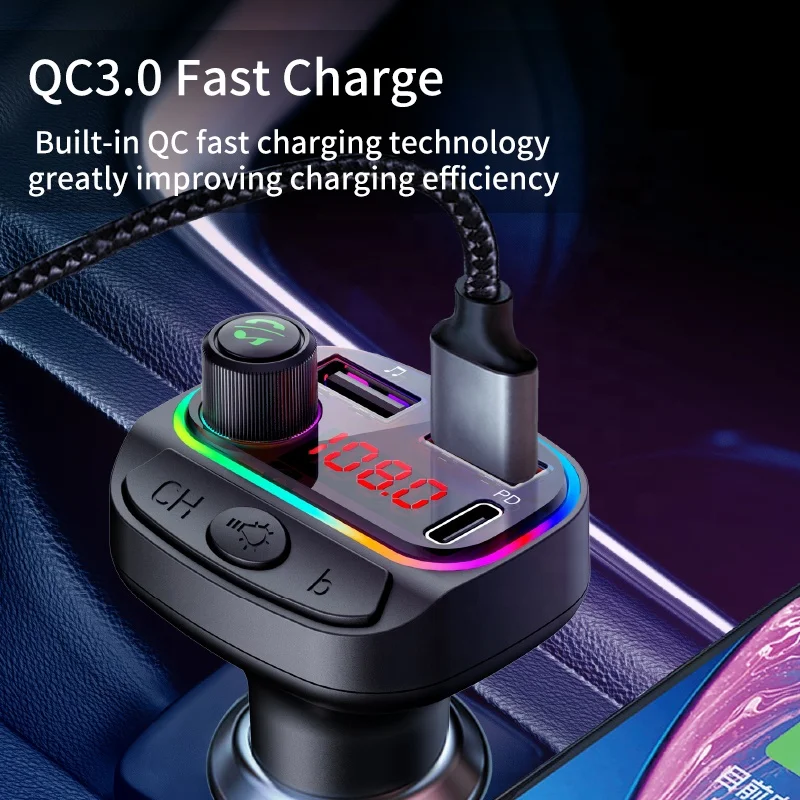 Factory Outlet New Colorful lights car fm transmitter QC3.0 PD fast charge car mp3 player with BT car charger