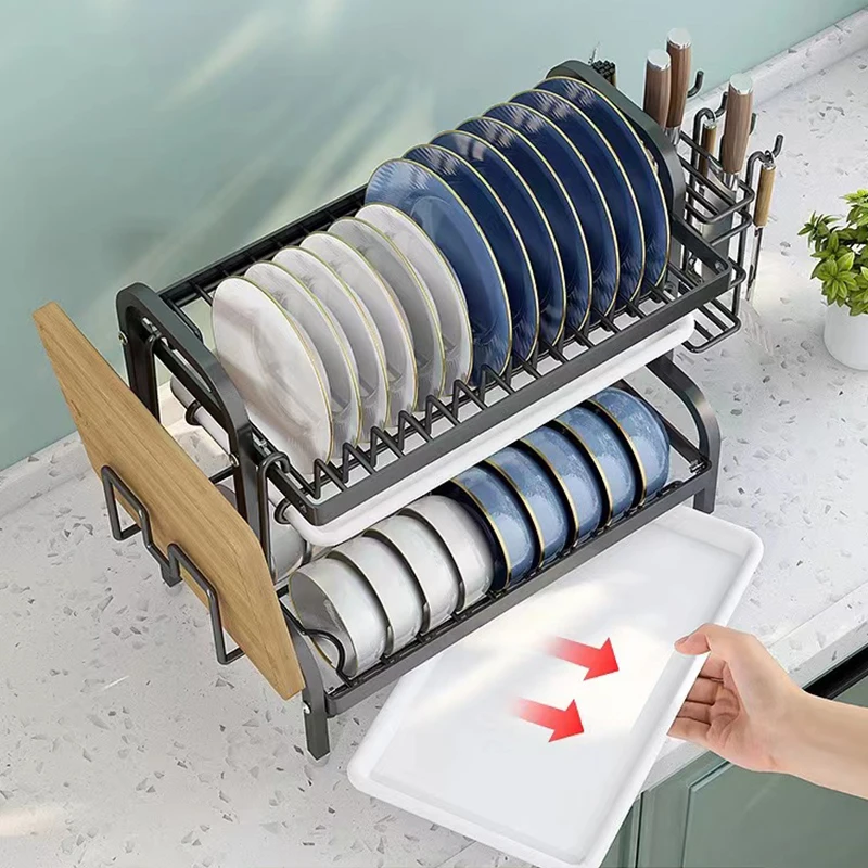 Kitchen tableware storage rack 2 layer dish drain holder stainless steel organize shelf bowl plate drying rack