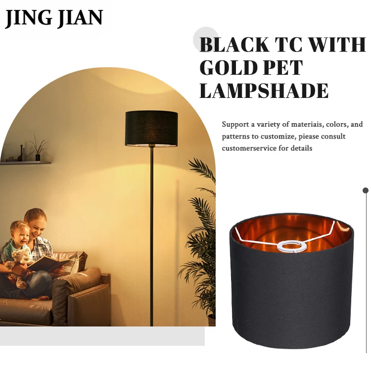 PVC Transparent Sticker Hardback Drum Tc Fabric Shade With Brushed Metallic Inner Linings Golden PET Lampshade
