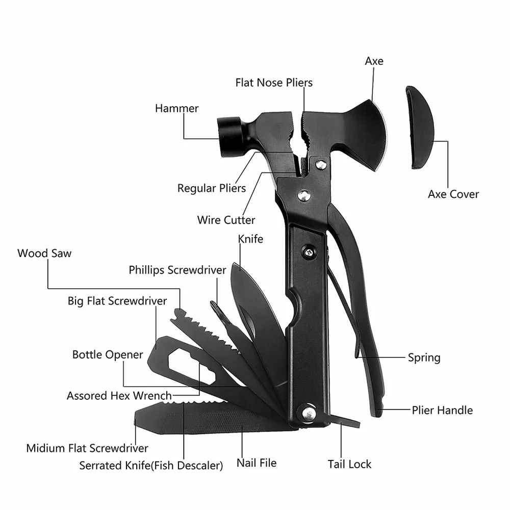 Multi Axe Tool 18 in 1 Camping multitool Survival emergency hammer with axe for  Hiking Outdoor Household Black