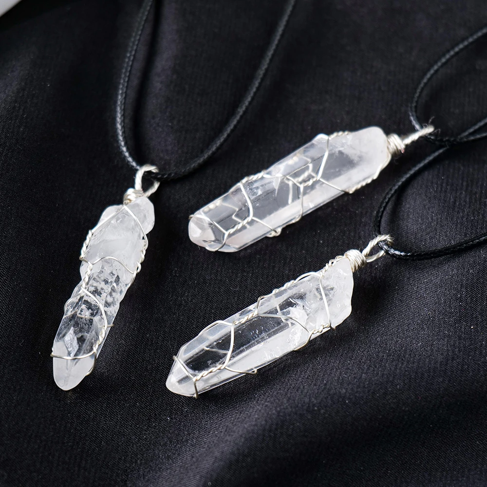 Wholesale Natural White Crystal Crafts Hexagon Column Wrapped Silk Thread Pendant Single Crystal Raw Stone for Decorative Gifts