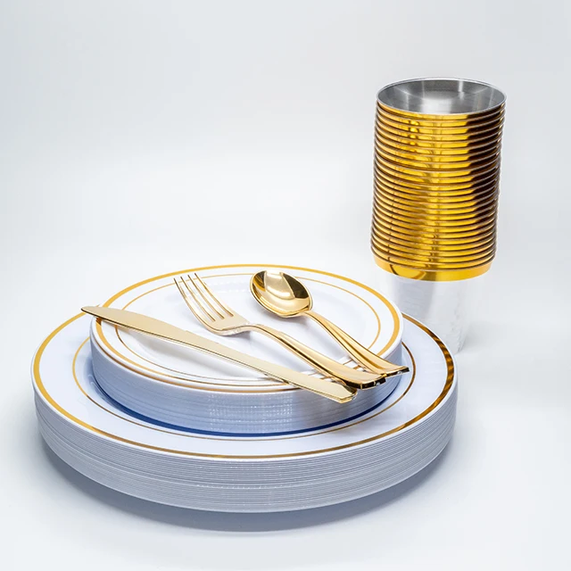 Disposable Plastic Plates Gold Design Party Tableware Sets Gold Disposable Tableware Set
