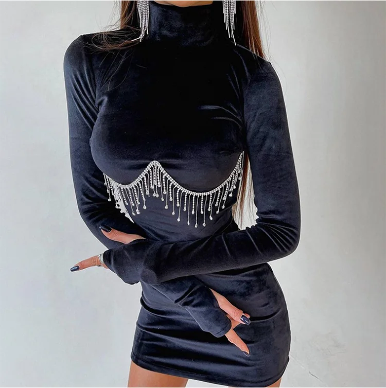 New Velvet Turtleneck Long-sleeved Bodycon Ladies Mini Dresses Diamonds Tassel Body Con Women Party Dress