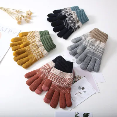 Amazon Hot-sell Color Stitching Knitted Mitten Touch Screen Running Gloves Women Winter Outdoor Sport