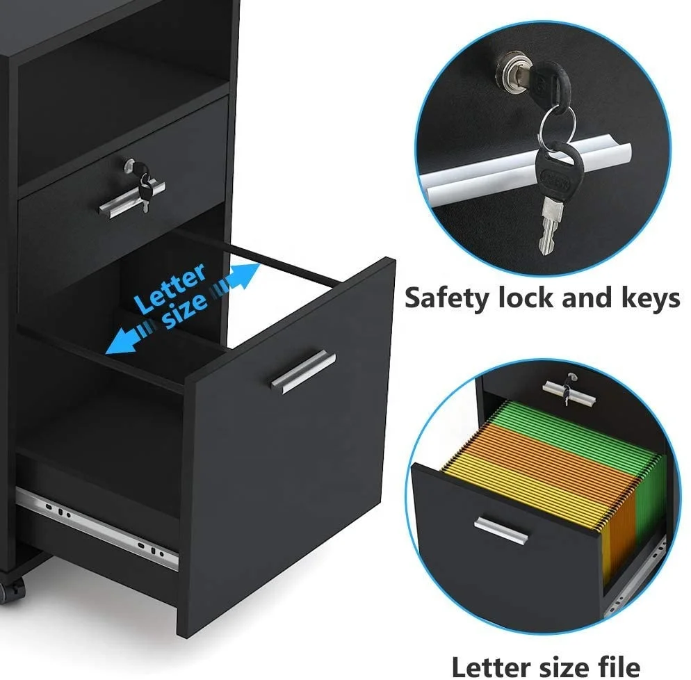2 Drawer Mobile File Cabinet with Lock, Printer Stand with Rolling Wheels and Open Storage Shelf