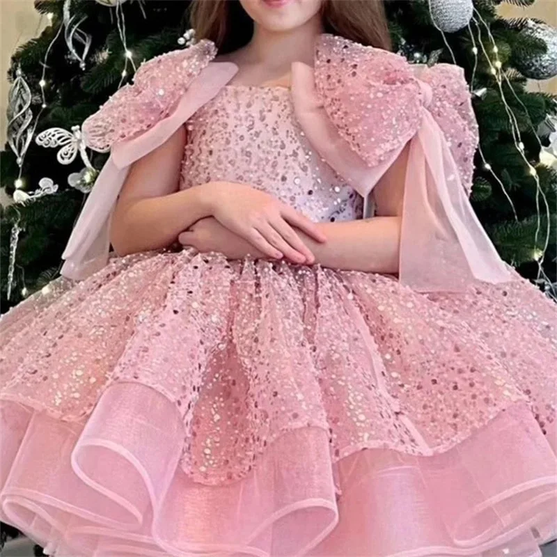 Children Party Dress Big Bow Shoulder Princess Sweet Sequin Puffy Prom Gown Baby Girls Piano Perform Formal Evening Dresses