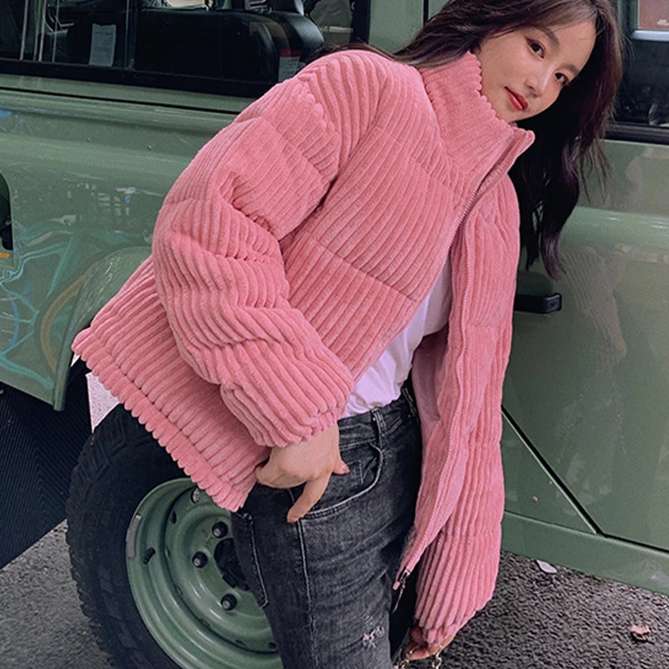 Winter Clothes Chic Korean Crop Coat Corduroy Pink Jackets for Women