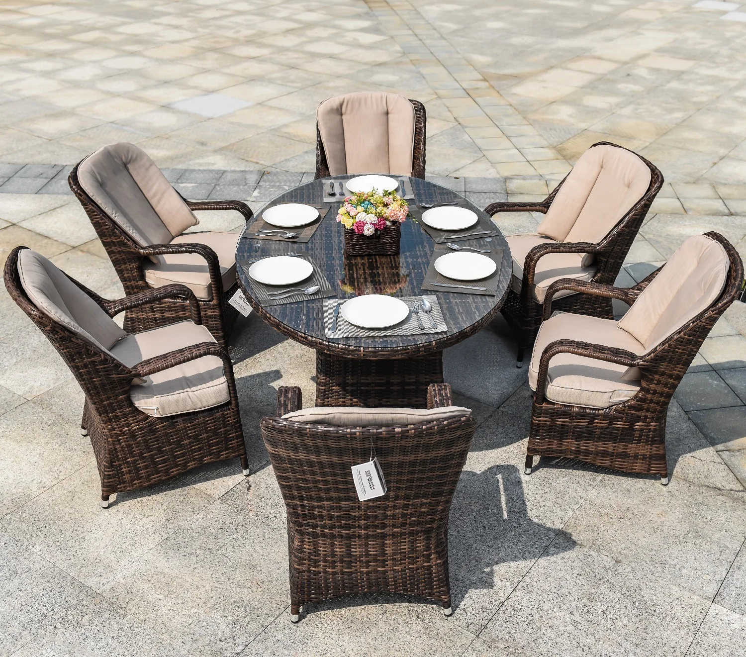 Outdoor Furniture Rattan 6 Chairs and 1 Table rattan woven rope wood Dining reclining Set for outdoors