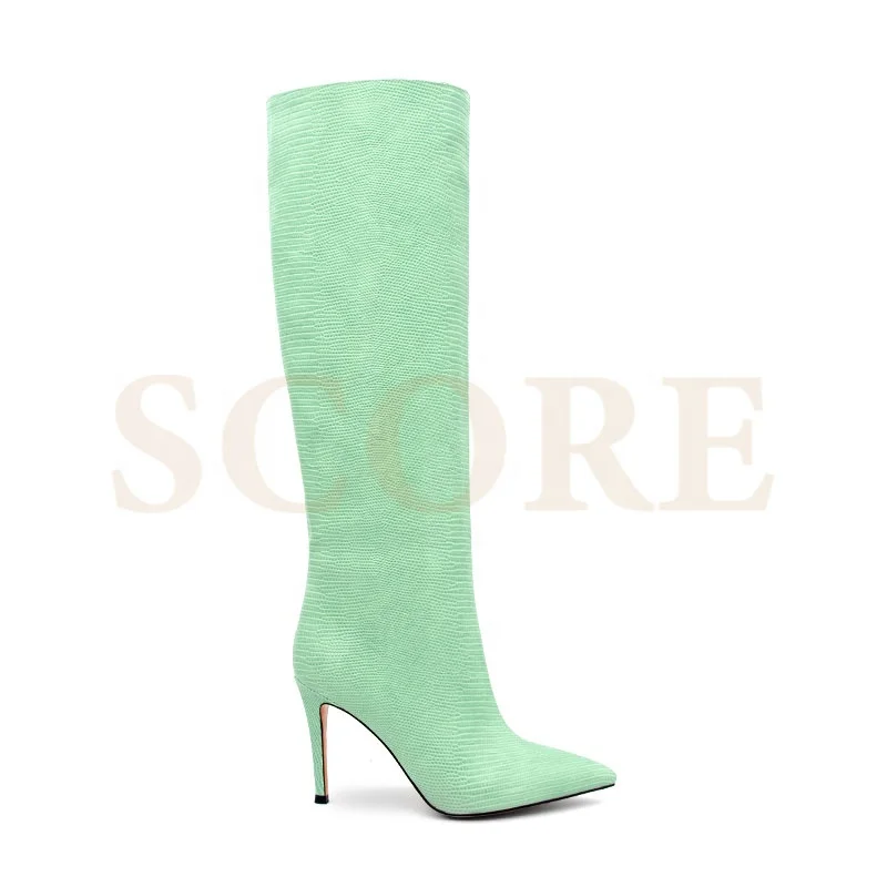 
2021 fashion ladies knee high snakeskin boots women fitted knee high heel green boots 