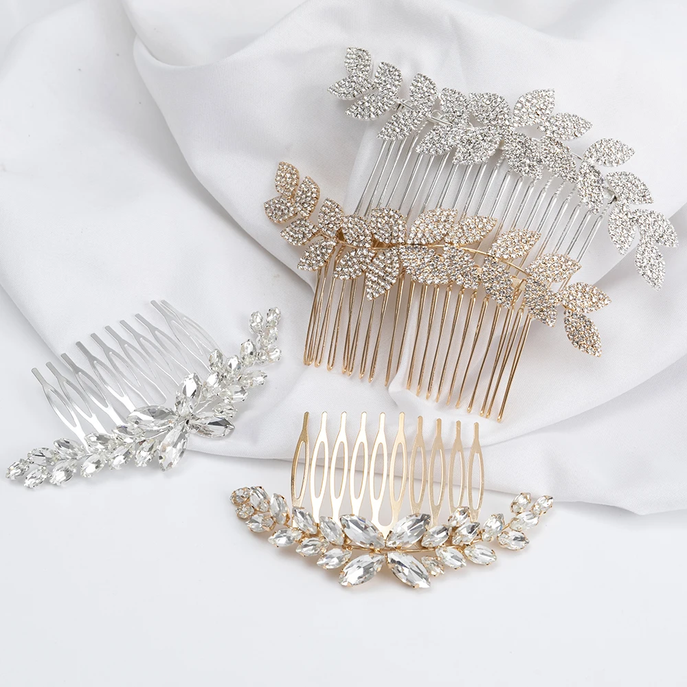 China Goods Wholesale Handmade Rhinestone Gold Tiara Nupcial Metal Wedding Bridal Hair Comb Chinese Diamond Women Headpiece