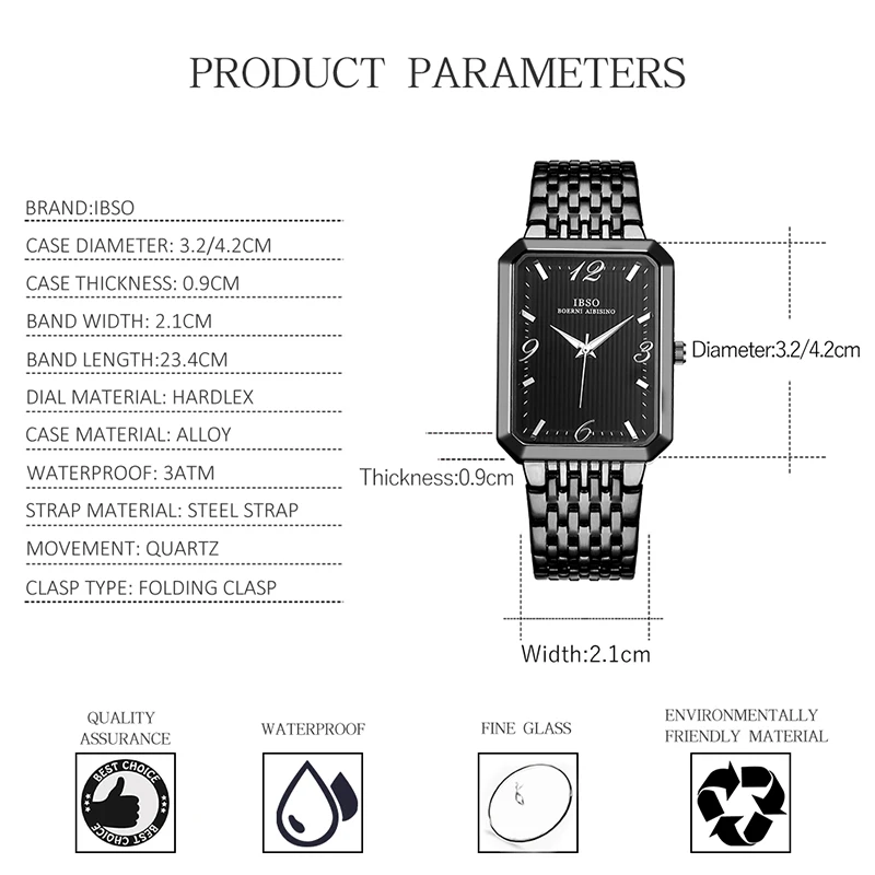 IBSO Luxury Ultra-Thin Rectangle Men Quartz Watch 3Bar Waterproof Shock Resistant