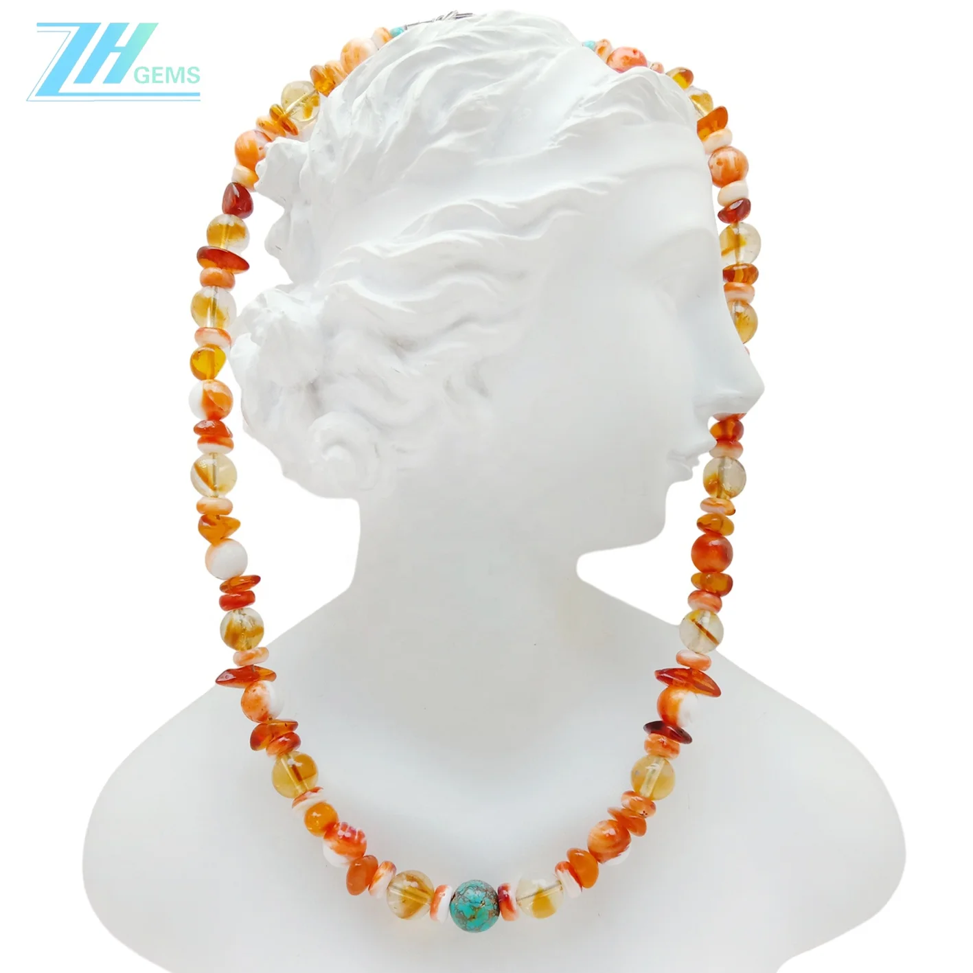 Natural turquoise and free-shape  amber with Citrine spiny oyster gemstone jewelry choker full strand 16inch fashionable gift