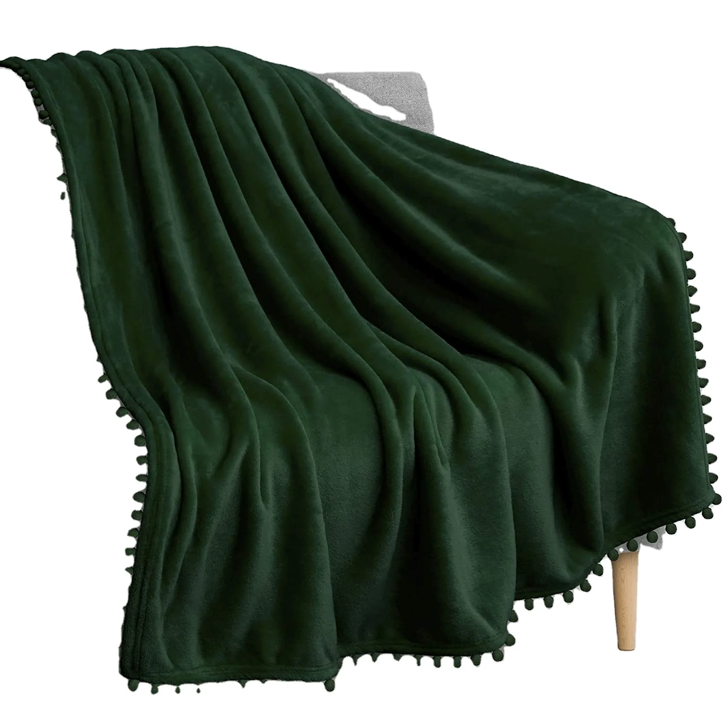 Custom Premium Warming Fluffy Winter Bed Soft Travel Luxury Fleece Pom Pom Tassel Blanket