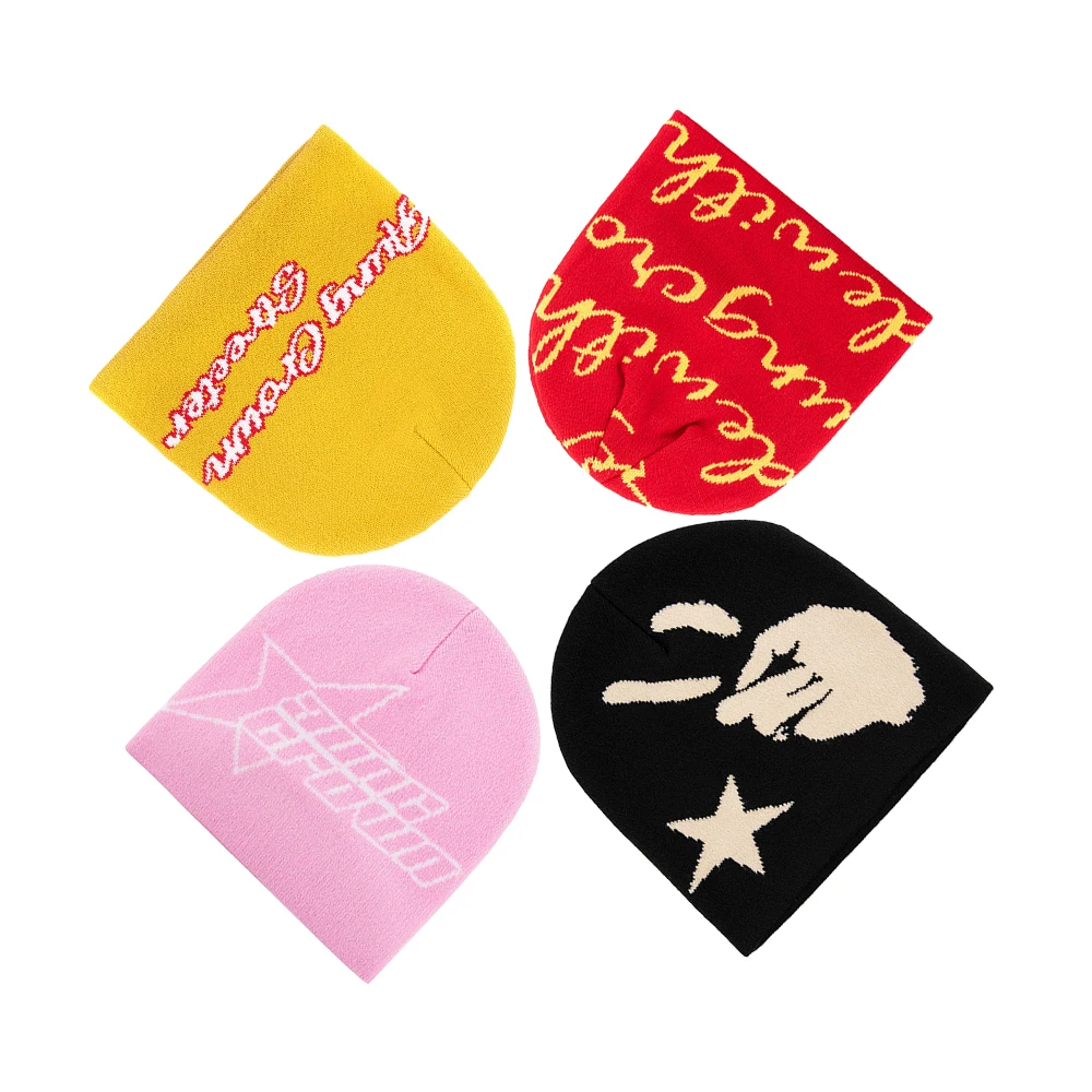 Wholesale Y2K Acrylic Skull Beanies Unisex All Over Print Reversible Toque Winter Knitted Beanies Hat with Custom Logo