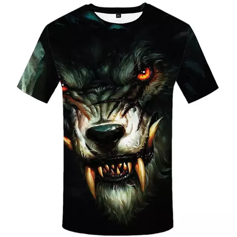 New Summer Tops Big Size Wolf Shirt Men Fangs Black Tshirt Eye 3D Print T-Shirt Funny T Shirts Sexy Cool Mens Clothing Slim