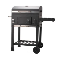Square Trolley Cast Iron Grill Smoker with Chimney Charcoal Barbecue with Lid