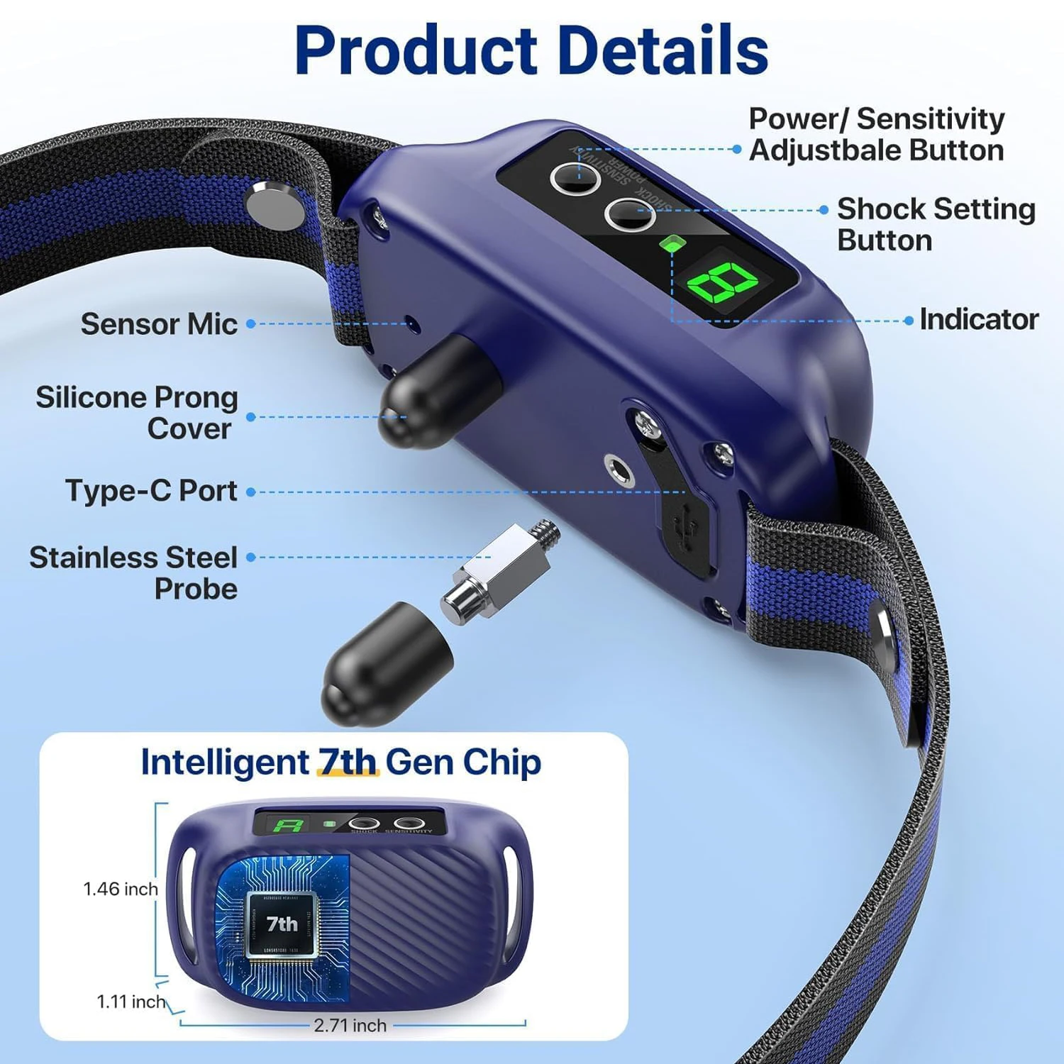 Rechargeable Anti Bark Collar with Adjustable 8 Sensitivity Smart Bark Training Collar with Beep Vibration for Large Medium Dogs