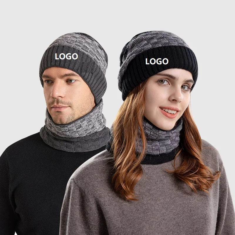 New Unisex Winter Stripe Beanie Hat Women Men Warm Slouchy Knitted Fleece Lined Skull Cap Beanie and Scarf Set