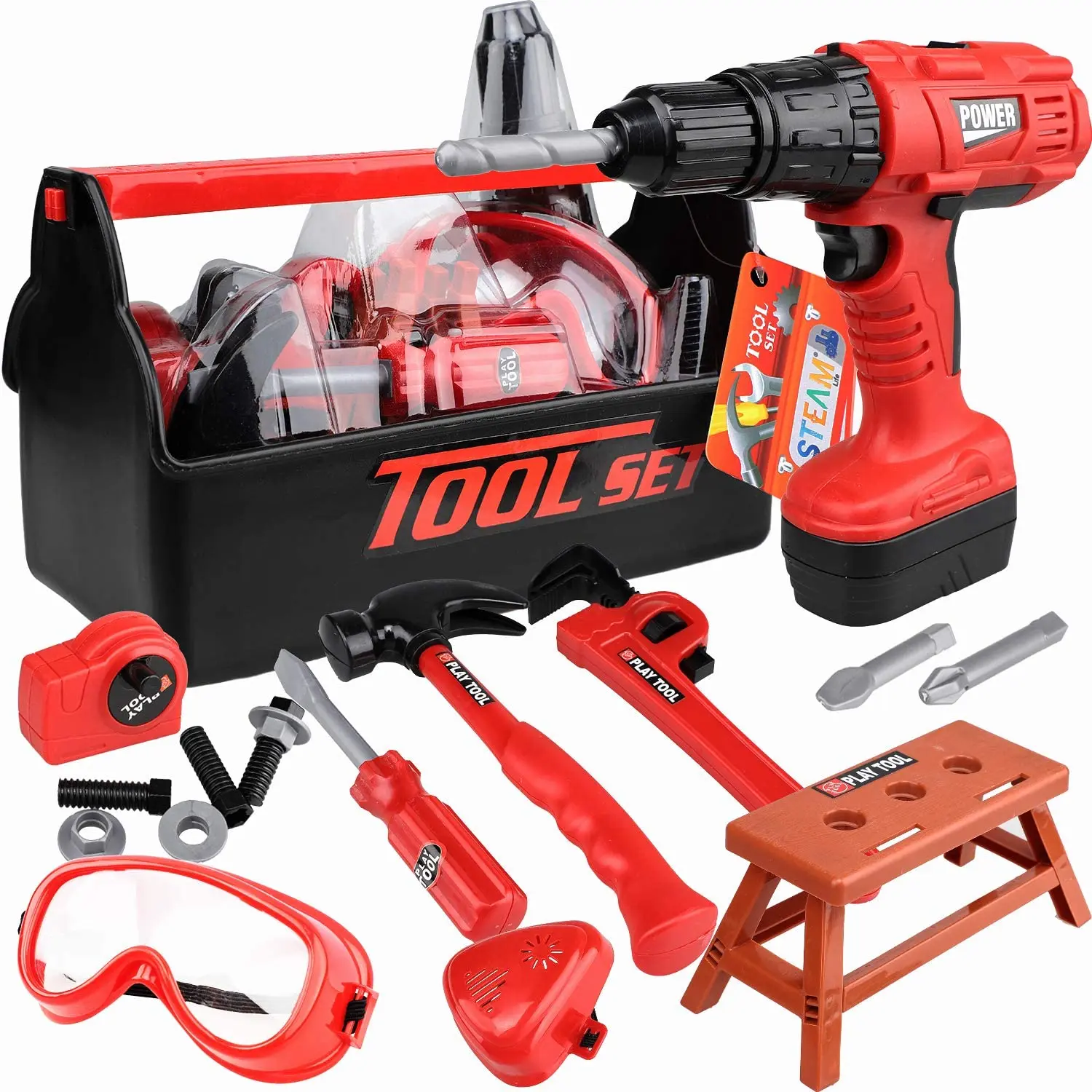 STEAM Kids Tool Set with Power Toy Drill - Toy Tool Set Contains Tool Box and Toy Hammer, Power Drill educational set for kids