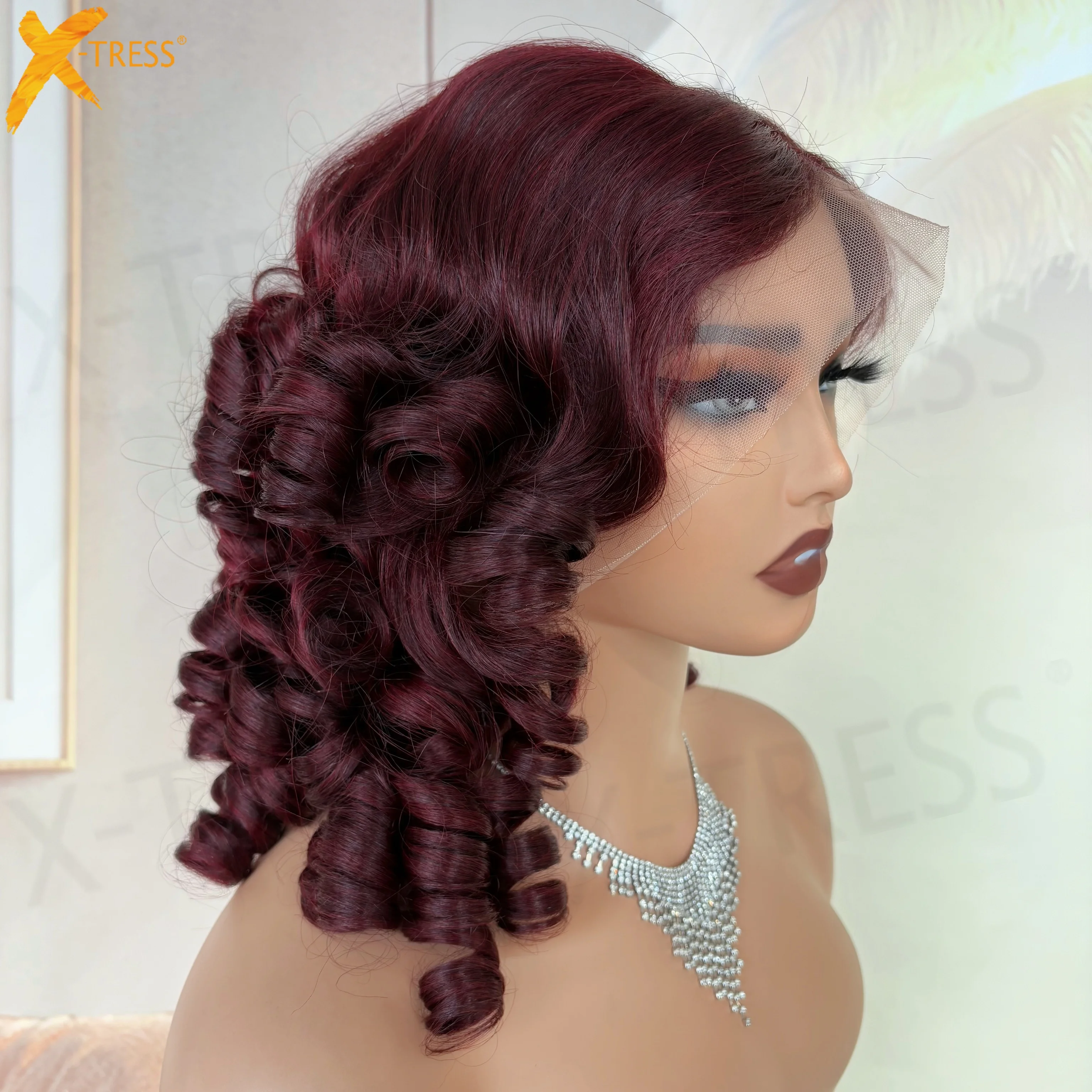 X-Tress 99j Burgundy 13*4 Lace Front Wigs Bouncy Curly Loose Deep Wave Human Hair for Black Women Glueless