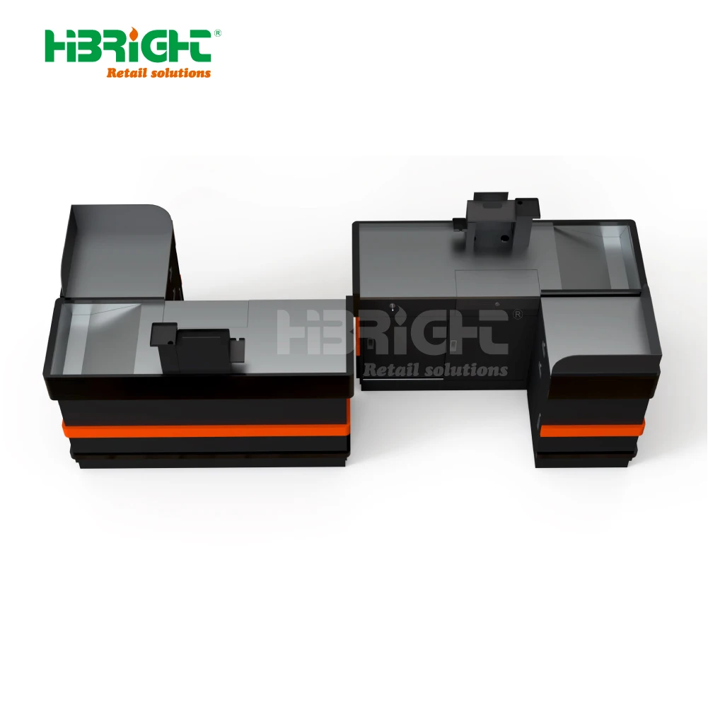 Aesthetic Metal Black Supermarket Checkout Counter Integrated Design with Multi-Functionality for Cashier Use