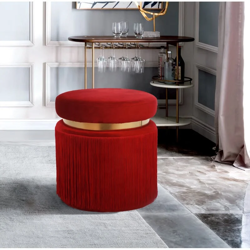 Laynsino tassel Round Ottoman stools fringe Red Velvet Fabric pouf ottoman