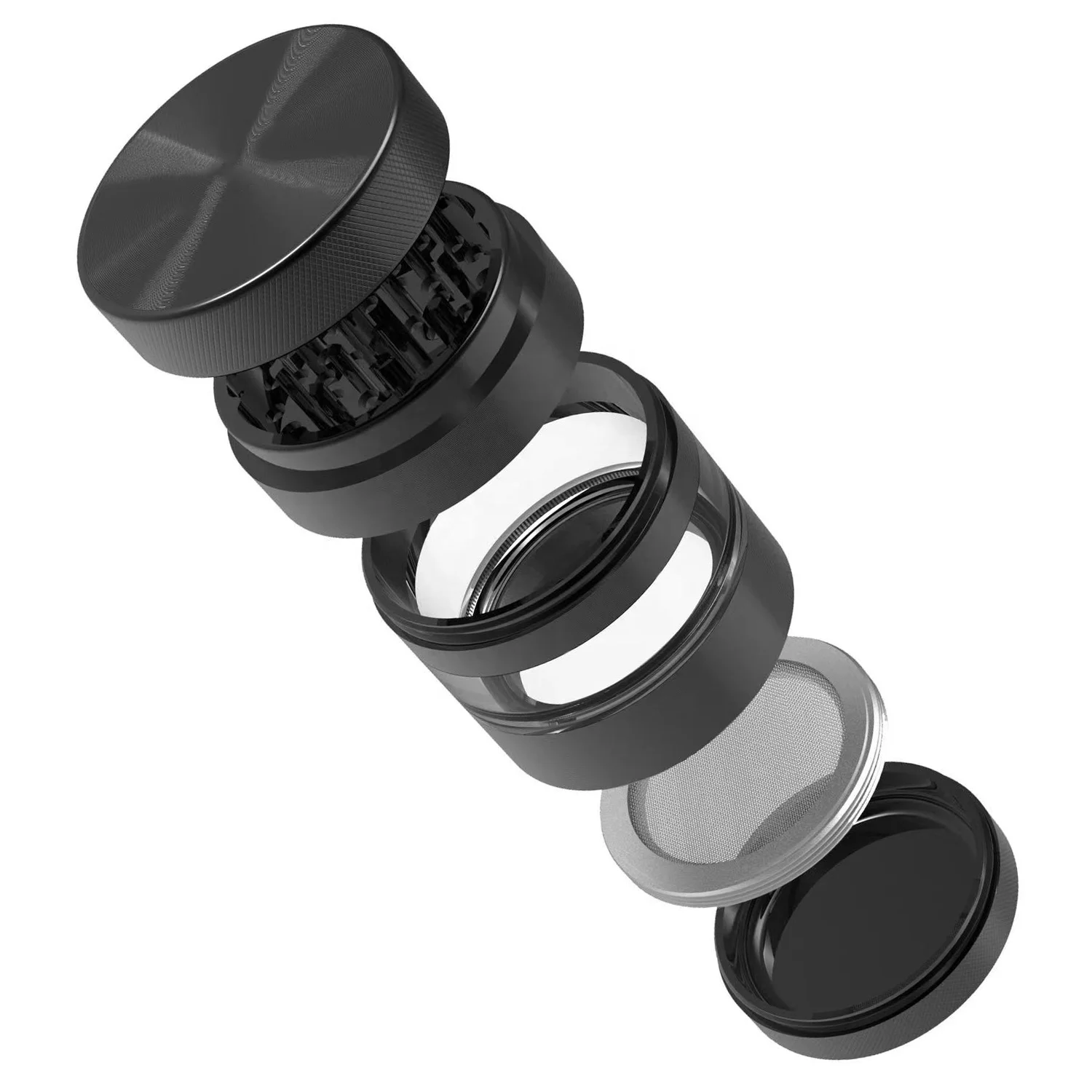 Matte black aluminum hemp herb grinder 5 part spice tobacco mill with see-through chamber for smoking