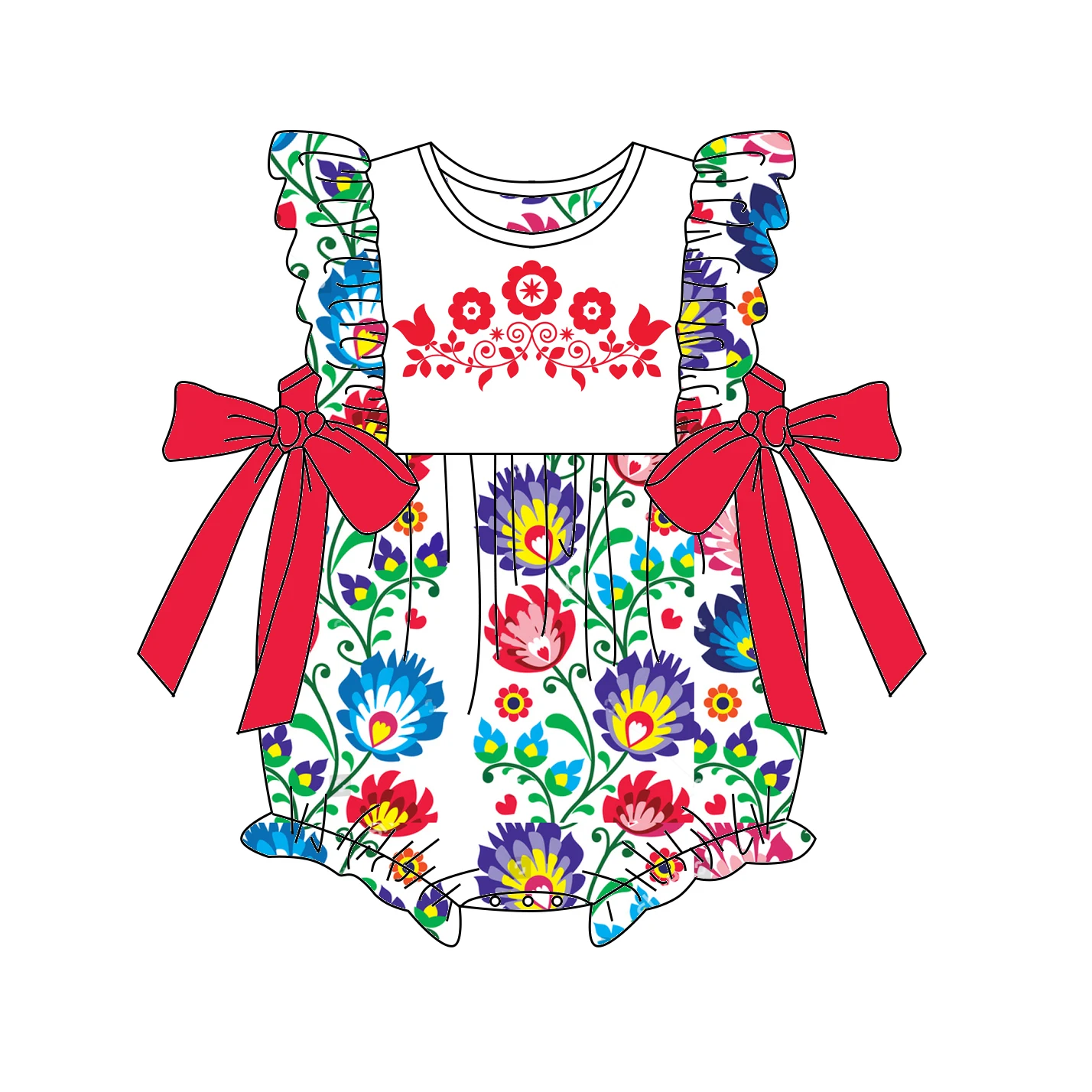 Summer toddler girls jumpsuit Red traditional folk polish pattern 95% Cotton embroidery Floral Rompers personalized BABY onesies