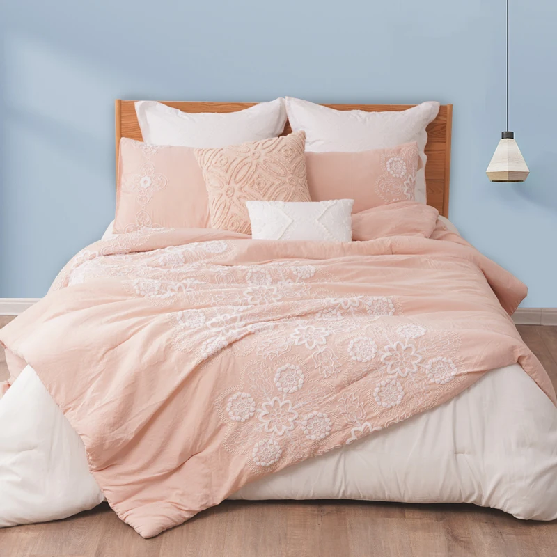 Eco Friendly Pink Plain King Size Microfiber Terry Stitch Embroidery Bedspreads Duvet Coverlets Bedding Quilt Set