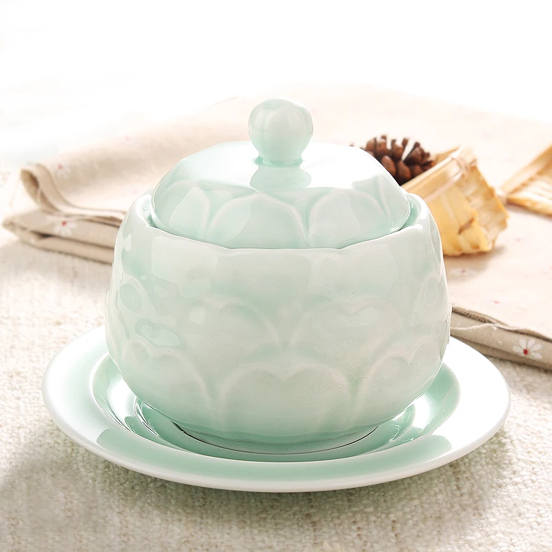 Домашняя керамическая чашка для тушения Celadon lotus с крышкой, птичье гнездо, чаша для приготовления яиц на пару, маленький горшок для тушения