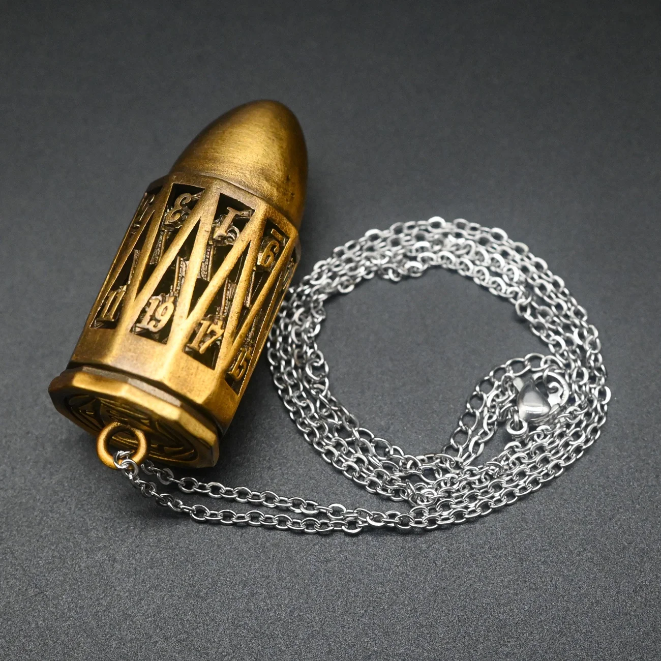 DND Metal Dice Necklace Pendant Polyhedral Hollow Bullet Dice Box with Chain