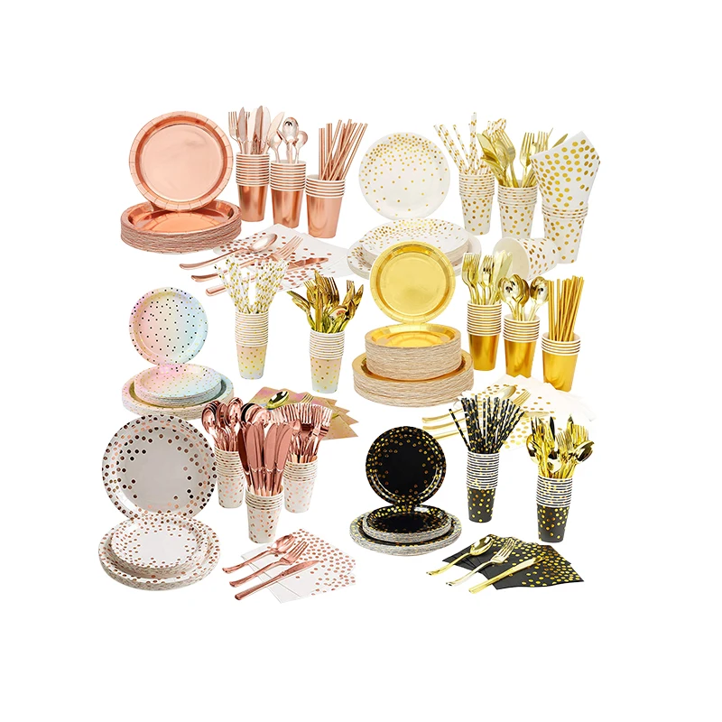 Hot Sell Rose Gold Pink Paper Dessert Plate Napkins Disposable Cups Baby Girl Happy Birthday Party Tableware