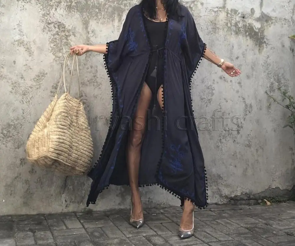 Women Stylish Hand Embroidered with Pom Pom Black Lace Open Front Long Kimono Beach Cover Up