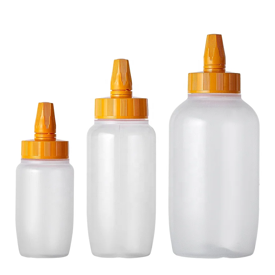 Горячая начинка PP 250 г 500 1000 пустая бутылка для меда пластиковая упаковки медового соуса с заостренным колпачком