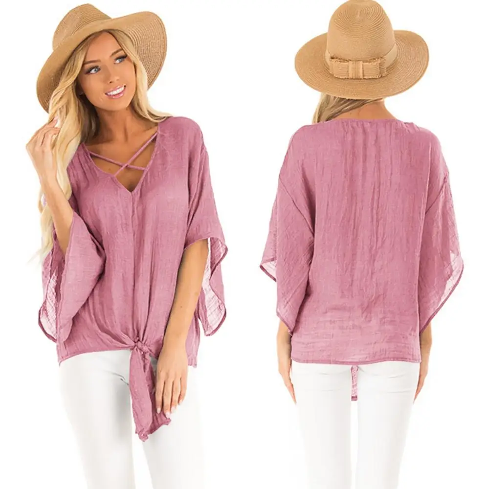 
Wholesale Summer Casual Batwinged Cover Up Soft Light Solid Color Blouse Tshirt 