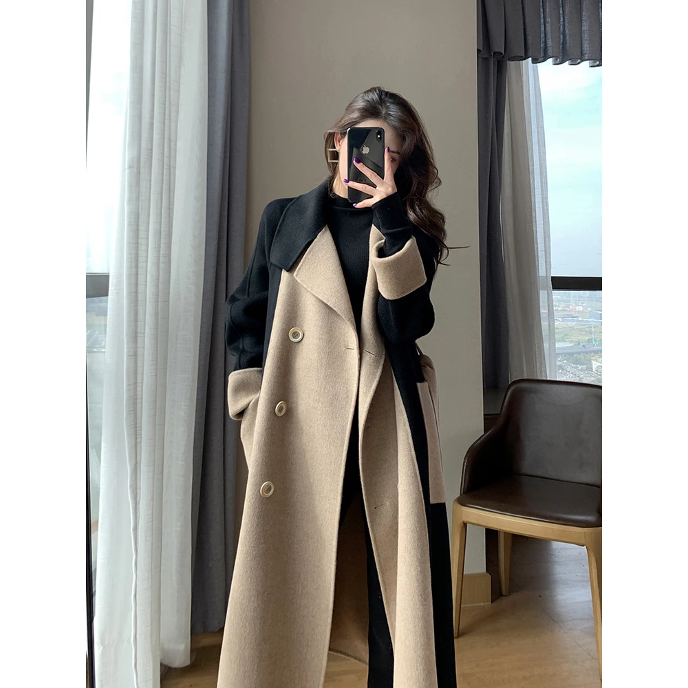 Winter Mid-Long Women Elegant Notched Collar Wool Blend Overcoat Double Breasted Pea Coat Trench Coat with Belt