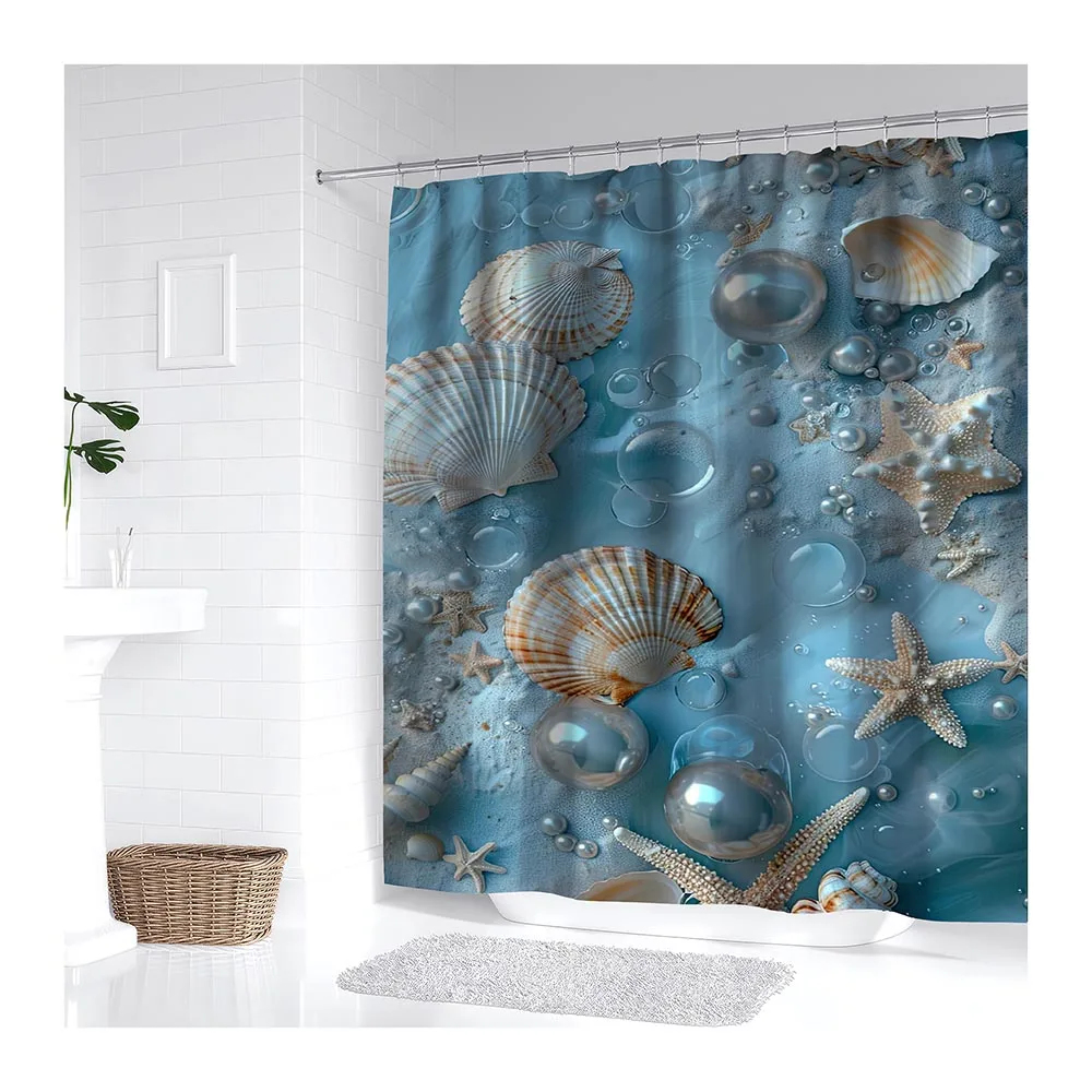 Sea Shell Print Waterproof 3D Custom Shower Curtain Polyester Bathroom Shower Curtain Set For Bathroom Curtains