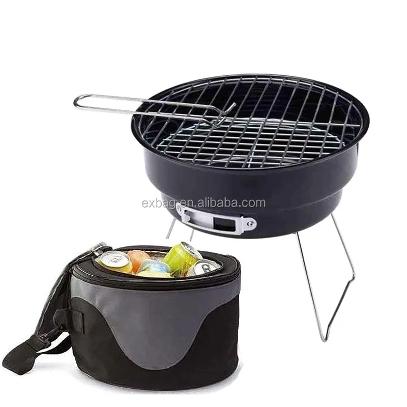 Black Portable Charcoal Barbeque Mini Grill with Cylinder Cooler Bag Perfect for Camping or Outdoor Cooking and Tailgating