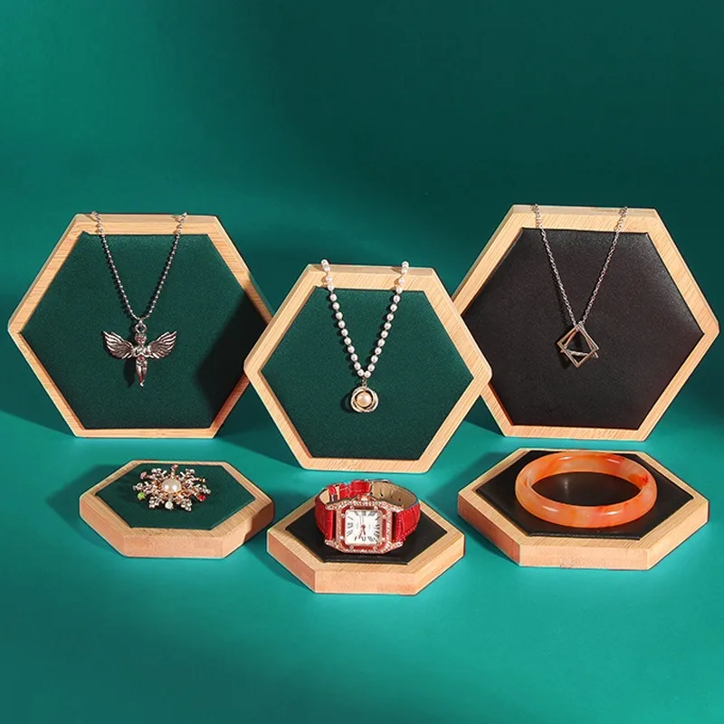 New Trending Wood PU Leather Pentagon Hexagon Square Watch Display Tray Necklace Pendant Jewelry Display Stand Rack Prop Holder