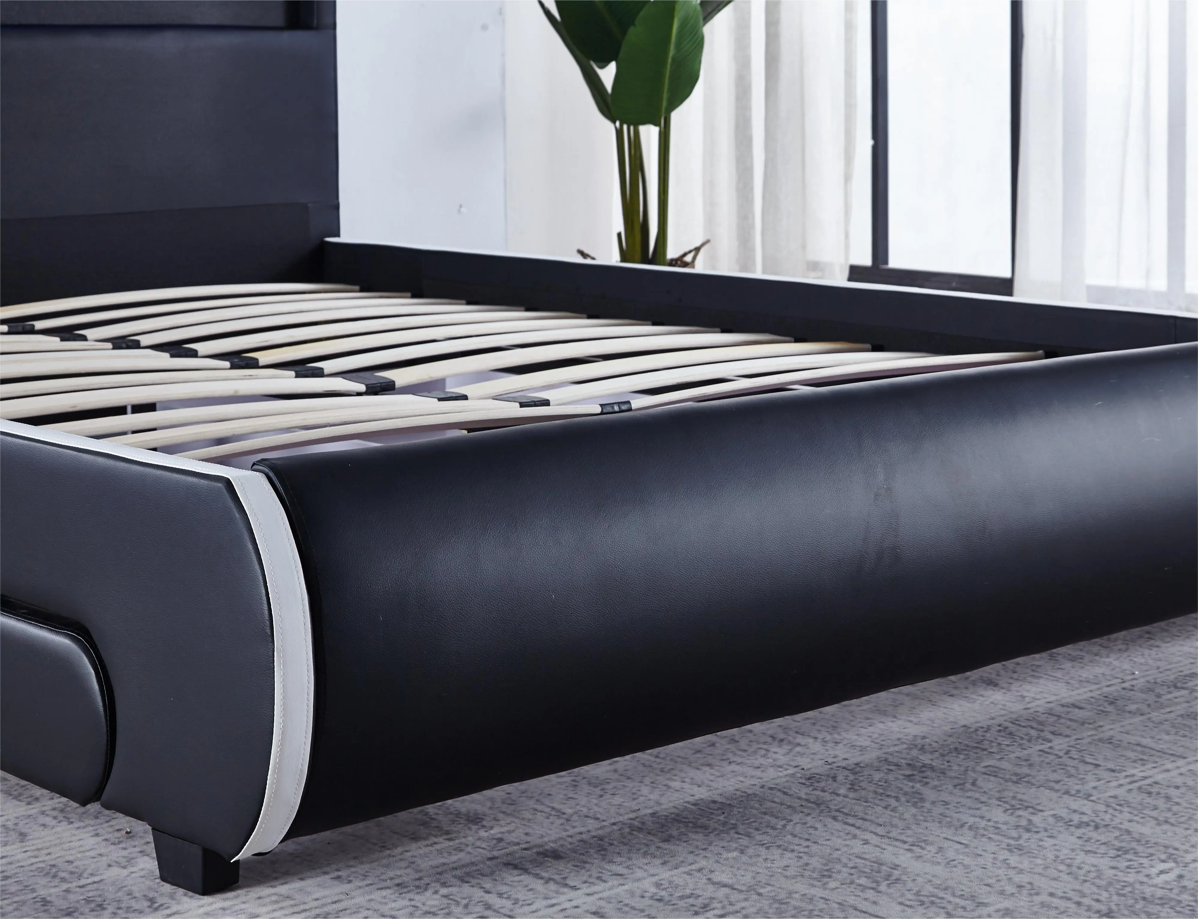 Modern black bed with decorative lights  stylish queen size bed platform frame bed