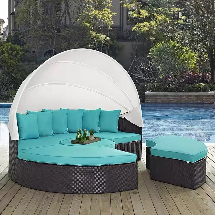 Hot Sale Rattan Sunbed Round Lounger Waterproof Beach Chair Garden Sets Furniture