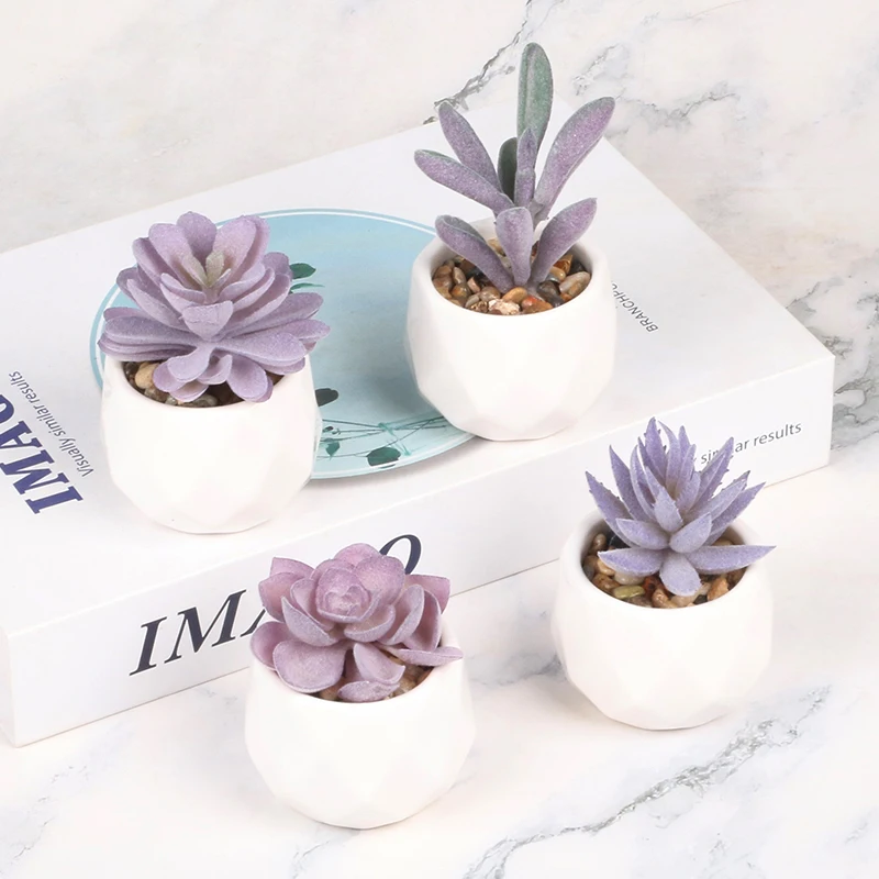ES1157-11 Artificial Succulents in Mini White Ceramic Pots for Desk,Office,Living Room,and Home Decoration.4 Pieces of Various F