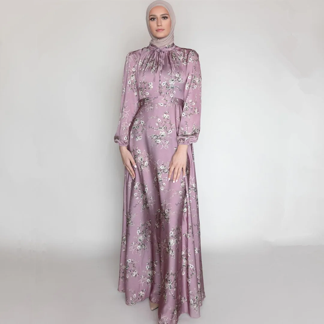 Crew neck turkish long dress muslim islamic clothing  floral print long sleeve maxi muslim women dress